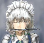  1girl bad_id bad_pixiv_id blue_background blue_dress bow colored_eyelashes dress hair_bow highres izayoi_sakuya knife_in_mouth looking_to_the_side maid mouth_hold one_eye_closed ribbon shiny shiny_hair short_hair silver_eyes silver_hair simple_background solo sparkle touhou upper_body 
