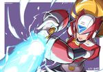  android blonde_hair blue_eyes character_name dated energy_sword helmet holding holding_sword holding_weapon long_hair male_focus no_humans ponytail purple_background robot rockman rockman_x solo sword tonami_kanji twitter_username very_long_hair weapon zero_(rockman) 