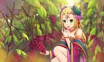  bad_id bad_pixiv_id bare_shoulders blonde_hair blush chinese_clothes circlet collarbone commentary_request eating flower food fruit grapes green_eyes hair_flower hair_ornament hair_rings jewelry long_hair meimei_(p&amp;d) necklace off_shoulder open_mouth piza_rokumai puzzle_&amp;_dragons solo turtle_shell 