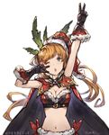  ;o benitama black_gloves blonde_hair blush breasts cape clarisse_(granblue_fantasy) cleavage double_v gloves granblue_fantasy green_eyes hat heart large_breasts long_hair looking_at_viewer midriff navel one_eye_closed open_mouth santa_hat simple_background solo v white_background 