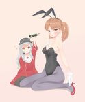  alternate_breast_size alternate_costume alternate_hair_color alternate_skin_color animal_ears bad_id bad_pixiv_id black_legwear brown_eyes brown_hair bunny_ears bunny_girl bunnysuit cosplay gloves hair_ornament high_heels japanese_clothes kantai_collection long_hair looking_at_viewer magatama multiple_girls northern_ocean_hime off_shoulder open_mouth orange_eyes oversized_clothes pantyhose pleated_skirt ryuujou_(kantai_collection) ryuujou_(kantai_collection)_(cosplay) satou_pikuta seiza serious shinkaisei-kan simple_background sitting skirt twintails visor_cap white_gloves white_hair 