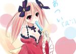  alyn_(fairy_fencer_f) bare_shoulders breasts detached_sleeves fairy_fencer_f food frills lolita_fashion long_hair long_sleeves medium_breasts open_mouth padocchi_(kurokitsune) popsicle red_eyes red_hair skirt smile solo twintails 
