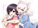  :d animal_ears black_eyes black_hair black_hanekawa blush cat_ears dual_persona fang hair_ornament hairclip hanekawa_tsubasa monogatari_(series) multiple_girls one_eye_closed open_mouth shima_riu smile white_hair yellow_eyes 