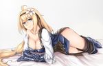  asymmetrical_clothes bare_shoulders bed_sheet blonde_hair blue_eyes breastplate breasts cleavage flower gauntlets granblue_fantasy greaves hair_flower hair_ornament highres jeanne_d'arc_(granblue_fantasy) large_breasts light_smile lips long_hair looking_at_viewer low_ponytail lying on_stomach solo terry_(pixiv3274443) very_long_hair 