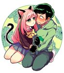  1girl animal_ears bad_id bad_twitter_id black_hair blood blush cat_ears cat_tail covering covering_crotch full-face_blush gloves green_eyes hashimoto_nyaa long_hair looking_at_another looking_at_viewer matsuno_choromatsu nosebleed osomatsu-kun osomatsu-san paw_gloves paws school_uniform seiza shakata_(syakatan) sitting skirt sweatdrop tail 