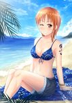  beach blue_bikini_top breasts brown_eyes cleavage denim denim_shorts front-tie_bikini front-tie_top looking_at_viewer medium_breasts nami_(one_piece) ocean one-piece_swimsuit one_eye_closed one_piece orange_hair outdoors shorts sideboob sitting solo swimsuit sylvae00 tattoo 