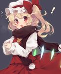  :o ascot blonde_hair blush fang flandre_scarlet hands_together hat highres long_sleeves looking_at_viewer open_mouth pointy_ears red_eyes scarf short_hair side_ponytail skirt skirt_set smile solo touhou usamata wings 