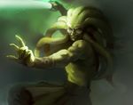  alien energy_sword eye_(chabosu) fighting_stance grin jedi kit_fisto lightsaber long_hair looking_at_viewer male_focus manly muscle no_pupils realistic red_eyes science_fiction shirtless smile solo star_wars swimming sword tentacle_hair underwater weapon 