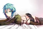  aqua_eyes ass blue_hair breasts butt_crack glint hair_ornament hews_hack holster jacket looking_at_viewer lying on_stomach parted_lips sinon small_breasts solo sword_art_online 