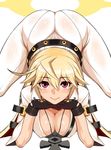  ahoge ankh ass bangs belt black_gloves blonde_hair blush bodysuit breasts buckle cleavage covered_nipples downblouse dr.p fingerless_gloves gloves guilty_gear guilty_gear_xrd hair_between_eyes halo hands_clasped interlocked_fingers jack-o'_valentine jewelry large_breasts legs_apart light_smile long_hair looking_at_viewer loose_belt multicolored_hair necklace own_hands_together pantylines purple_eyes red_hair see-through simple_background smile solo studded_belt thighs top-down_bottom-up two-tone_hair white_background 