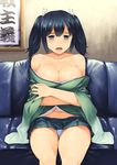  :o aaru_(tenrake_chaya) areola_slip areolae bare_shoulders blue_eyes blue_hair blue_panties blue_skirt blush breast_squeeze breasts cleavage collarbone couch crossed_arms curvy heart heart-shaped_pupils highres indoors japanese_clothes kantai_collection kimono large_breasts looking_at_viewer navel off_shoulder on_couch open_clothes open_kimono open_mouth panties pantyshot pantyshot_(sitting) pleated_skirt short_hair sitting skirt solo souryuu_(kantai_collection) stomach symbol-shaped_pupils two_side_up underwear 