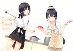  alternate_hairstyle aoyama_sumika apron bangs black_hair blush breasts brown_eyes cleavage coffee-kizoku collared_shirt commentary_request cooking dress_shirt food from_behind hair_ornament hair_scrunchie hair_up highres kneehighs kneepits ladle looking_at_viewer looking_back meat medium_breasts multiple_girls open_mouth original pleated_skirt polka_dot polka_dot_apron polka_dot_scrunchie raw_meat school_uniform scrunchie shiramine_rika shirt short_hair skirt tongs white_legwear yellow_scrunchie 