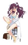  :3 adjusting_eyewear bare_shoulders bespectacled blue_eyes book breasts brown_hair cleavage collarbone earrings glasses hair_ribbon holding holding_book ichinose_shiki idolmaster idolmaster_cinderella_girls jewelry kazuma_muramasa labcoat long_hair long_legs long_sleeves looking_at_viewer medium_breasts open_book pile_of_books red-framed_eyewear ribbon semi-rimless_eyewear simple_background sitting smile socks solo two_side_up under-rim_eyewear white_background white_ribbon yellow_legwear 