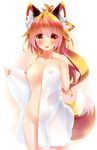  akiaki_(mofumo-freak) animal_ears blush breasts commentary_request covering fox_ears fox_tail highres long_hair medium_breasts naked_towel nipples original simple_background smile solo tail towel white_background 