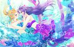  arihara_(arhr0) ayase_eli bare_shoulders bikini_top blonde_hair blue_eyes blush breasts cleavage eye_contact green_eyes hand_on_another's_cheek hand_on_another's_face hug large_breasts long_hair looking_at_another love_live! love_live!_school_idol_project mermaid_costume multiple_girls ponytail purple_hair toujou_nozomi 