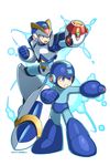  android arm_cannon aura blue_eyes character_name clenched_hand dated green_eyes height_difference helmet highres male_focus multiple_boys no_humans open_mouth robot rockman rockman_(character) rockman_(classic) rockman_x simple_background tonami_kanji weapon white_background x_(rockman) 