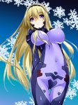  :/ arms_behind_back bangs blonde_hair blue_background blue_eyes bodysuit breasts covered_navel covered_nipples cowboy_shot fukuyama_naoto gradient gradient_background hair_between_eyes hairband impossible_bodysuit impossible_clothes irisdina_bernhard large_breasts long_hair looking_at_viewer muvluv outline pilot_suit schwarzesmarken snowflakes solo thigh_gap very_long_hair 