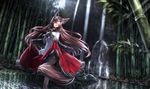  animal_ears bamboo bamboo_forest bare_legs blue_sky blurry cape depth_of_field dutch_angle floating_hair forest gem head_tilt highres imaizumi_kagerou jewelry light_rays long_hair looking_at_viewer nature red_eyes red_skirt reflection ruby_(stone) ryosios shiny shiny_hair shirt skirt sky solo sunlight tail touhou very_long_hair wading water waterfall white_shirt wolf_ears wolf_tail 