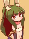  1girl animal_ear_fluff animal_ears bandeau bangs bare_shoulders black_sleeves blush brown_background brown_eyes bunny_ears closed_mouth collarbone detached_sleeves eyebrows_visible_through_hair green_hair high_ponytail long_hair long_sleeves masurao_(sekaiju) midriff naga_u navel ponytail sekaiju_no_meikyuu sekaiju_no_meikyuu_5 simple_background solo v-shaped_eyebrows very_long_hair white_bandeau 