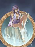  anklet arm_support armlet barefoot belt breasts circlet cleavage cleavage_cutout dagger dark_elf dark_skin dragon elf highres jewelry large_breasts long_hair long_legs looking_to_the_side ohland pirotess pointy_ears purple_hair record_of_lodoss_war sitting solo very_long_hair weapon yellow_eyes 