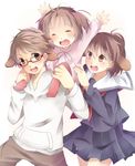  2girls animal_ears bbr_brbr brother_and_sister brown_eyes brown_hair carrying closed_eyes dog_ears glasses love_lab multiple_girls open_mouth ponytail school_uniform serafuku shoulder_carry siblings sisters smile tanahashi_hiroka tanahashi_suzune tanahashi_yuuya twintails white_background younger 
