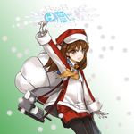  alternate_costume bell brown_eyes brown_hair christmas gloves hat kantai_collection kuuro_kuro legwear_under_shorts long_hair machinery official_art onmyouji pantyhose pantyhose_under_shorts ryuujou_(kantai_collection) sailor_collar santa_costume santa_hat shikigami shorts smile snowflakes solo turret twintails 