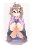  absurdres ahoge amemiya_sekira blue_eyes blue_panties blush brown_hair cardigan glasses hands_on_own_cheeks hands_on_own_face highres kneehighs loafers original panties pantyshot pantyshot_(squatting) pleated_skirt polka_dot polka_dot_panties school_uniform sekira_ame serafuku shoes short_hair skirt smile solo squatting two_side_up underwear uniform 