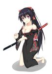  :3 absurdres bare_shoulders barefoot black_hair blush bow breasts cleavage collarbone floral_print hair_bow highres japanese_clothes katana kimono kneeling large_breasts long_hair looking_at_viewer noihara_himari off_shoulder omamori_himari ponytail purple_eyes scabbard sheath sheathed simple_background smile solo sword very_long_hair weapon white_background yddsb123 