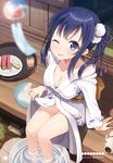  absurdres bangs bathrobe blue_eyes blue_hair blurry blush breasts cleavage collarbone covered_nipples depth_of_field eyebrows_visible_through_hair food fruit hair_ornament highres hyuuga_azuri imai_midori japanese_clothes long_hair looking_at_viewer medium_breasts naughty_face one_eye_closed porch shirobako shirt_lift side_ponytail sitting smile soaking_feet solo tongue tongue_out water watermark watermelon wind_chime 