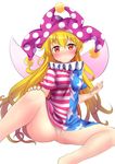  american_flag_dress bare_legs blonde_hair blush bottomless clownpiece fairy_wings frilled_shirt_collar frills hand_on_own_knee hat highres hitotsuki_nebura horizontal_stripes jester_cap long_hair looking_at_viewer neck_ruff pussy red_eyes short_sleeves simple_background sitting solo spread_legs star star_print striped touhou very_long_hair wavy_mouth white_background wings 