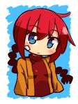  1girl bangs blue_background blue_eyes blush braid breasts brown_jacket closed_mouth cropped_torso eyebrows_visible_through_hair hair_between_eyes head_tilt jacket long_hair monk_(sekaiju) naga_u open_clothes open_jacket red_hair red_shirt sekaiju_no_meikyuu sekaiju_no_meikyuu_3 shirt sidelocks single_braid small_breasts solo two-tone_background very_long_hair white_background 