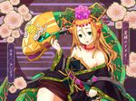  bad_id bad_pixiv_id bare_shoulders blonde_hair chinese_clothes circlet collarbone dalachi_(headdress) flower giant_snake green_eyes hair_between_eyes hair_flower hair_ornament headphones highres jewelry long_hair meimei_(p&amp;d) necklace off_shoulder open_mouth pipe piza_rokumai puzzle_&amp;_dragons sitting solo 