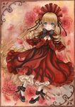  ankle_ribbon artist_name blonde_hair blue_eyes blush bonnet border bow colored_pencil_(medium) dated dress drill_hair flower frilled_dress frills hair_ribbon hands_on_own_chest long_hair looking_at_viewer mosho open_mouth paint_(medium) pantyhose petals red_dress ribbon rose rozen_maiden shinku signature solo traditional_media very_long_hair watercolor_(medium) white_legwear 