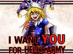  american_flag_dress blonde_hair clownpiece elbow_gloves english gloves hat i_want_you jester_cap long_hair older parody pointing pointing_at_viewer pointy_ears purple_gloves red_eyes ryuuichi_(f_dragon) solo touhou uncle_sam very_long_hair 