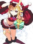  ahoge blonde_hair bow detached_sleeves fingerless_gloves gift gloves hand_over_face hat kai-ri-sei_million_arthur knees_together_feet_apart looking_at_viewer midriff million_arthur_(series) navel one_eye_closed purple_bow red_eyes santa_hat short_hair smile solo star starry_background touzoku_arthur usalxlusa v wide_sleeves 