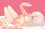  bad_id bad_pixiv_id blue_eyes camisole cellphone chips food lying on_back original phone pink_background pink_hair pout shorts smartphone solo uni_(melm) 