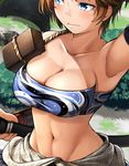  armpits bad_id bad_pixiv_id blue_eyes breasts brown_hair cleavage crop_top decchi_oyabun japanese_clothes katana large_breasts looking_to_the_side midriff navel original out_of_frame short_hair solo sword toned wavy_mouth weapon 