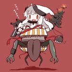  1girl :d ahoge box chibi christmas_tree commentary_request crossover dark_souls dress gift gift_box hat highres horns kantai_collection long_hair looking_at_viewer mimic mimic_(dark_souls) mittens northern_ocean_hime nuu_(nu-nyu) open_mouth red_eyes santa_hat sharp_teeth shinkaisei-kan smile solo souls_(from_software) teeth tongue tongue_out translated white_dress white_hair white_skin 