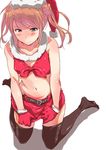  bare_shoulders belt black_legwear blush breasts brown_hair collarbone full_body gloves hat kantai_collection kunifuto michishio_(kantai_collection) midriff navel red_gloves santa_costume santa_hat simple_background small_breasts solo thighhighs twintails white_background 