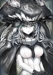  black_gloves bodysuit breasts cape covered_navel gloves grey_eyes hat headgear highres kantai_collection long_hair looking_at_viewer medium_breasts pale_skin parted_lips shinkaisei-kan signature silver_hair solo teeth tentacles upper_body wo-class_aircraft_carrier xiaodi 