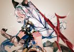  animal_ears armor blush braid breasts cat_ears cleavage erune furisuku granblue_fantasy hairband heles large_breasts long_hair polearm silver_hair single_braid solo trident weapon 