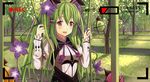  alraune_(p&amp;d) animal_ears blush bunny_ears commentary_request dress fake_animal_ears flower forest green_hair hair_flower hair_ornament hair_tubes halloween long_hair looking_at_viewer nature piza_rokumai purple_eyes puzzle_&amp;_dragons recording smile solo swing tree very_long_hair 