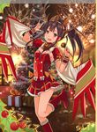  \m/ antlers bell black_hair blush boots bow box bracer brown_eyes choker christmas christmas_tree covered_navel dress gift gift_box hair_tubes hairband highres holly idol long_hair looking_at_viewer microphone nephthys_(p&amp;d) piza_rokumai ponytail puffy_short_sleeves puffy_sleeves puzzle_&amp;_dragons short_sleeves smile solo standing standing_on_one_leg 