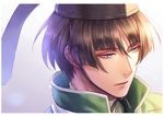  blue_eyes brown_hair chin_strap den_(itokiitoki) hat ishikirimaru male_focus solo touken_ranbu upper_body 