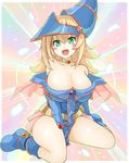  :d absurdres arm_behind_back bare_shoulders between_legs blonde_hair blue_footwear blush blush_stickers boots breasts cleavage collar dark_magician_girl duel_monster green_eyes hand_between_legs hat heart heart-shaped_pupils highres huge_breasts long_hair looking_at_viewer open_mouth sitting skirt smile solo star symbol-shaped_pupils thighs uchiage_cola wariza wizard_hat yuu-gi-ou yuu-gi-ou_duel_monsters 