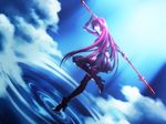 bodysuit breasts fate/grand_order fate_(series) gae_bolg high_heels large_breasts leila_(lalan) long_hair polearm purple_hair red_eyes scathach_(fate)_(all) scathach_(fate/grand_order) solo spear standing standing_on_liquid very_long_hair weapon 