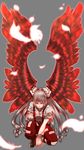  bird_wings boots bow clenched_hands feathers fujiwara_no_mokou full_body grey_background hair_bow hair_ribbon highres long_hair pants red_eyes ribbon silver_hair simple_background smile solo squatting sufia suspenders torn_clothes torn_sleeves touhou very_long_hair wings 