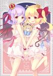  ahoge aogiri_sei bat_wings blonde_hair bloomers blush crown fang flandre_scarlet interlocked_fingers leg_garter looking_at_viewer looking_back mini_crown multiple_girls purple_hair red_eyes remilia_scarlet short_hair short_sleeves side_ponytail stuffed_animal stuffed_toy teddy_bear touhou underwear wings wrist_cuffs 