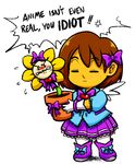  androgynous anger_vein annoyed bad_id bad_tumblr_id blush brown_hair closed_eyes costume devicho english flower flowey_(undertale) frilled_shirt frilled_skirt frills frisk_(undertale) gloves heart holding pantyhose plant potted_plant ribbon shirt skirt spoken_anger_vein undertale white_background wings 