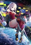  album_cover bare_shoulders benio_(dontsugel) boots cover display earth fingerless_gloves floating glasses gloves hair_ornament leotard red_leotard silver_hair smile solo space thigh_boots thighhighs wavforme 